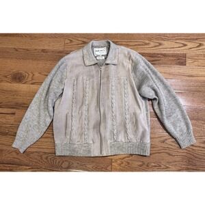 Vintage Retro Mens Cable Knit Sweater Full Zip Jacket  XL Leather Holmes